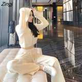 Women Joggers Casual Hoodies Beige Fashion New Hooded Korean Style Loose Crop Top Two Pieces Outfits Drawstring