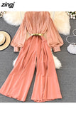 do vintage macacões outono lanterna manga longa gola de cintura alta perna larga drapeado macacão feminino elegante playsuits