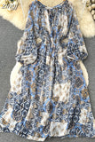 Autumn Women Printed Long Dress Vintage Puff Sleeve High Waist A-Line Casual Maxi Vestidos Vacation Beach Robe