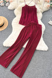 Women Pleated Set Sexy Spaghetti Strap Camis Tops + High Waist Wide Leg Loose Pants Casual Red/Yellow/Brown Suits