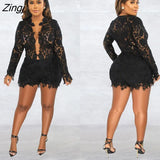 Holes 2 Piece Sets Womens Outfits Sexy Solid Hollow Out Long Sleeve Lace Coat Top + Shorts Summer