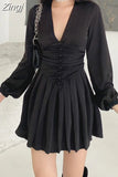 V Neck Chic Design Long Sleeve Pleated Black Dress Female Fashion Corset Buttons Autumn Dress Mini Ruched Korean