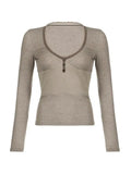 Solid V Neck Splice Slim Long Sleeve Tee-Outfit