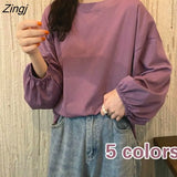 Sleeve T-shirts Ins College Spring Fall Basic Korean Harajuku Simple Girls Tops All-match Lantern-Sleeve Fashion Femme