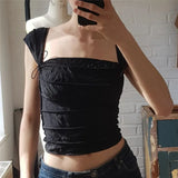 Zingj Summer Fashion Sexy Crop Square Collar Stripe Pleated Slim Short Sleeveless