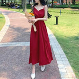 Women Vintage Black High-waist Slim Midi Dress Ladies Elegant Fashion V-neck Sexy Sleeveless Simple Chic Korean