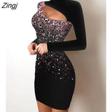 New Print Cutout Front Long Sleeve Bodycon Dress Women Sexy Hollow Out Slim Fit Long Sleeve Autumn Dress Sequins Black