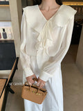 Xixi 2025 Autumn White Label Thin Temperament Hundred Lotus Leaf V Collar Chiffon Shirt Long-Sleeved Shirt Lady