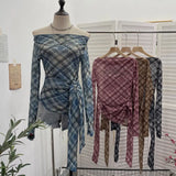 Lattice Mesh Long-Sleeved T-Shirt Irregularly Drifted Y2k Oblique Shoulder Short Top