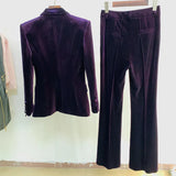 And Winter 2025 New Women's Professional Fashion A Buckle Gold Velvet Suit Jacket + Horn Pants Set Two