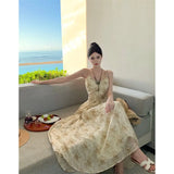 Zingj Tea Break Dress Female 2023 Summer Waist Show Thin Hepburn Style Temperament Floral Halter