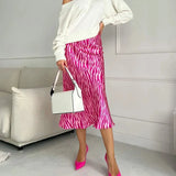 Pink Printed Satin Midi Straight Skirt- Outfit