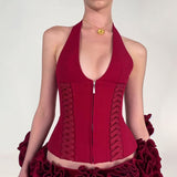 Trendy Sexy Strap Girded Waist Design Solid Sexy Hot Babes Hanging Neck Zipper Small Vest 2025
