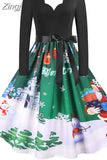 Dress Women Casual Vintage Patchwork Party New Year Santa Print Robe 50S 60S Rockabilly Swing Elegant Winter