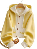 Style Yellow Splicing Hood Design Sweater Coat Knitted Cardigan Showing Lean Long Sleeves Loose Casual