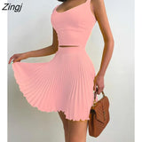 Summer Holiday Square Neck Solid Sexy Corset Crop Top & A Line Pleated Skirt Sets Two Pieces Suits Dresses Women's