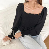 Solid Sweet Shirt Fashion Women Clothing 2023 Spring Korean Long Sleeve Blouse Slash Neck Ruffles Tops Blusa Mujer