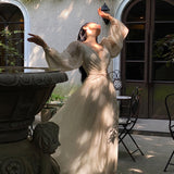 Korean V-neck Pleated Maxi Dresses for Women Ladies Party Fringed Lace Puff Sleeve Ruffled Lady Dreses Elegant