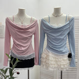 Autumn Fake Two Lace Lace Collar Folding Long Sleeves Slimming Bottom T-Shirt Top Woman