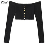 Sleeve Cardigans Women Korean Style Leisure Slim Female Cropped Tops All-match Slash Neck Sexy Single Breasted Fashion