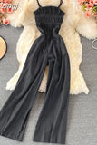 Women Denim Romper Sexy Strapless Draped High Waist Jumpsuits Female Black/Blue Wide Leg Spaghetti Strap Rompers