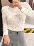 Print T-shirt Women Summer Sweet Long Sleeve Tee Shirt Female Chic Boho Slim Tops Ladies Basic O Neck Top Spring