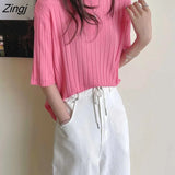 Women T-shirts Summer Knitted Slim Sweet All-match Candy Colors Fashion Korean Style Folds Simple Solid Comfort Leisure