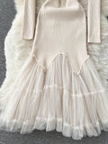 Winter Women Black/Red/Beige Mesh Patchwork Knitted Dress Vintage Long Sleeve High Waist Mermaid Vestidos Female