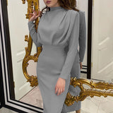 Women's Clothing 2025 Spring New Dress Fashion Temperament Waist Solid Color Long-Sleeved