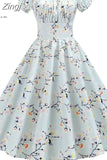 Women Vintage Floral Printed Summer Dress Puff Sleeve Elegant A-line Midi Party Dress Robe Chic Rockabilly Pinup