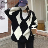 Black White Argyle Sweater Women V-neck Loose Female Knitted Pullover Harajuku Korean Style Daily Oversized Knitwear