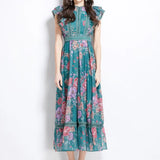 Elegant Dress 2025 New Retro Lace To Receive Waist Temperament Print Lotus Leaf Side Long Dress