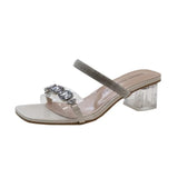 Zingj Word Rhinestone Transparent Cool Slippers Female Summer Outside Wear 2024 New Temperament Fairy High Heels Square Head Thick Heel Sandals-Outfit