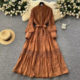 High-End Retro Lace Splicing Pearl Single Buckle Thin Temperament Collar Lantern Sleeve