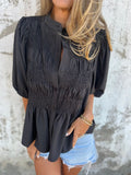 Summer New Solid Color Collar Button Casual Fashion Short Sleeves To Puff Shirt Women's