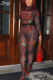 Y2K Autumn Aesthetic Print Stretchy Two Pieces Sets for Women Turtleneck Long Sleeves Crop Top+High Waist Foot Pants