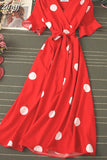Polka Dot Midi Dress Summer 2023 Sexy V-neck Flare Sleeve Casual Vestidos Verano Elegant Blue/White Sashes Dresses