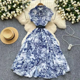 2025 New Clip Short Sleeves Lightly Knee Vintage Printed Dress Elegant Waist Grand