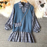Style Sets Women Retro Plaid Mini Pleated Dress Knitted Vest Spring Autumn Elegant Korean Outfits Sweet Vintage