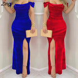 Women Formal Red Party Long Dress 2023 Fashion Velvet Chain Strap Split Thigh Short Sleeve Solid Dress Roupas Femininas