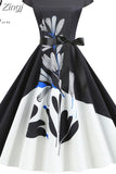 Women Summer Vintage Dress Robe Femme Short Sleeve Floral Print O-Neck Big Swing Elegant Party Sundress Black