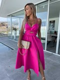 Zingj Summer New Fashion Socialite Deep V Hollow-Out Big Skirt Spread Slit Halter Dress Dress