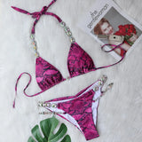 Zingj New Bikini, Sexy Snake Print Crystal Diamond Female Split Swimsuit Beach
