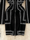 Women Black Beading Zipper Bodycon Dress Elegant Stand Collar Long Sleeve High Waist Sheath Mini Vestidos Female New