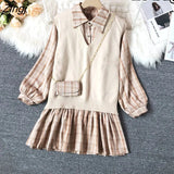 Style Sets Women Retro Plaid Mini Pleated Dress Knitted Vest Spring Autumn Elegant Korean Outfits Sweet Vintage