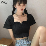 Women Black Trendy Summer Square Collar Short Sleeve Slim Sexy Folds Sweet All-match Crop Top Abdomen Solid Leisure