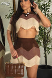 Knit Contrast Color Women Sexy 2Piece Set Short Sleeve Patchwork Button T-Shirt+Mini Skirt Vacation Matching