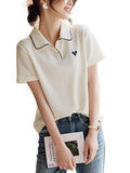 With Short-Sleeved T-Shirt Women 2025 Summer New Love Embroidery Collar Casual Slim Polo
