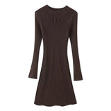 And Autumn New Women's Temperament Pure Color Familiar Round Collar Knitted Long-Sleeved Dress
