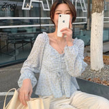 Women Summer Floral Leisure Pleated Design Kroean V-Neck Ruffles Retro French Romantic Long Sleeve Crop Tops Lady